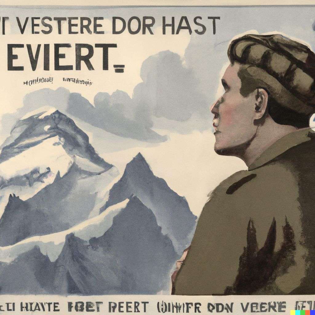 someone gazing at Mount Everest, government information poster from World War 2